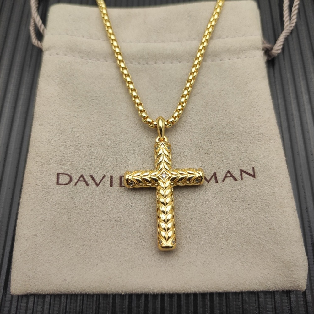 David Yurman Gold Chevron Cross White Diamond Necklace
